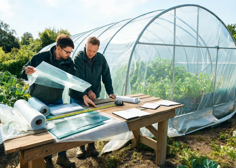 Greenhouse crew reviewing the covering plan